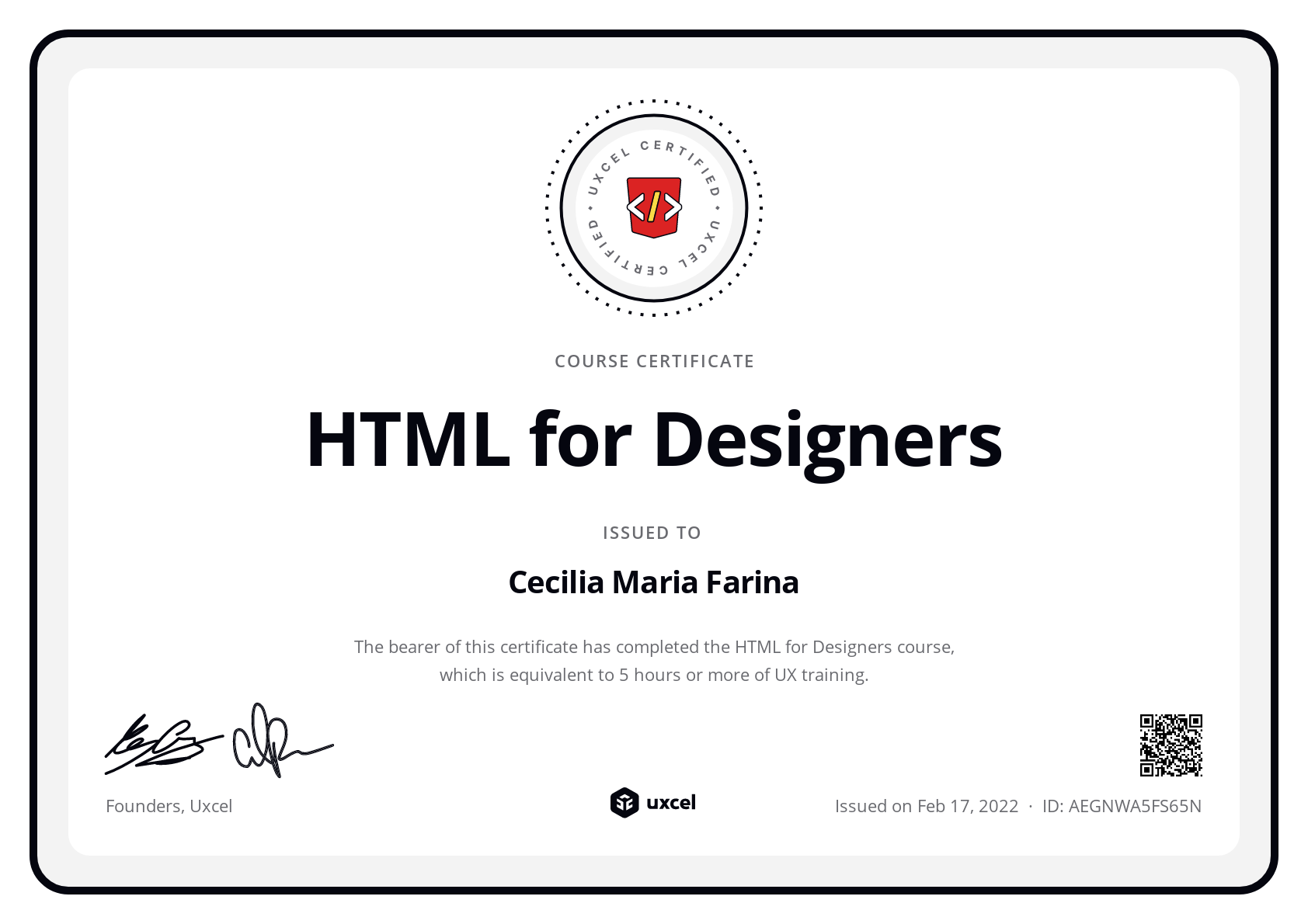 Cecilia Maria Farina's certificate